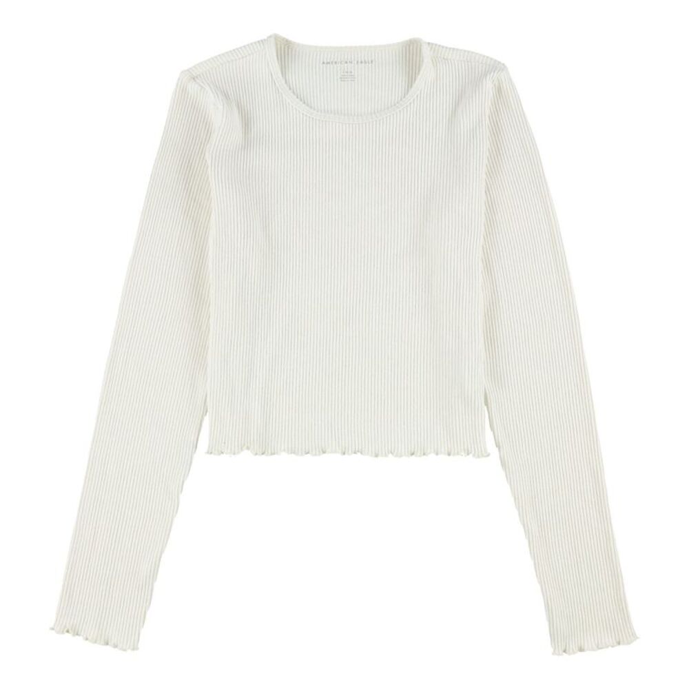 American Eagle Womens Ribbed, Lettuce Trim Pullover Sweater, Pink, L, DM